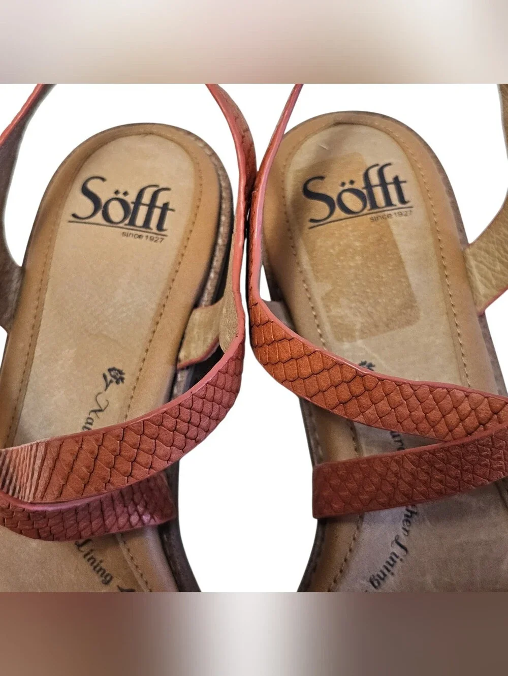 Sofft Nadie II Sandals Sz 8.5 Mango Snake Print Leather Strappy Resortwear Comfy